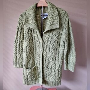 Aran Crafts Ireland Green Luxury Lambswool Button-Up Cable Knit Cardiga -Size S